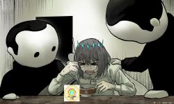  >_< 1boy 2others arthropod_boy arthropod_limbs blank_room_soup bowl crown crying diamond_hairband door dragonfly_wings eating fate/grand_order fate_(series) food grey_hair highres holding holding_ladle indoors insect_wings ladle long_sleeves male_focus mascot_costume medium_hair meme multiple_others oberon_(fate) oberon_(third_ascension)_(fate) shirt snm_aaa table white_shirt wings 