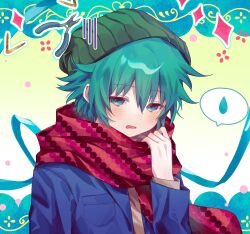  1boy absurdres aqua_eyes aqua_hair artist_request blue_eyes blue_hair blush breast_pocket dot_nose double-parted_bangs green_hat hair_between_eyes hand_up hat highres hiyori_sou jacket kimi_ga_shine long_sleeves looking_at_viewer male_focus open_clothes open_jacket open_mouth pocket polka_dot polka_dot_scarf portrait purple_jacket red_scarf scarf second-party_source shears shirt short_hair simple_background solo speech_bubble unmoving_pattern white_shirt 