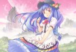 blue_hair bow cloud clouds colored_eyelashes fantasy food fruit grass hat hinanawi_tenshi kanini long_hair long_skirt looking_at_viewer moon mountain multiple_moons open_mouth peach petals red_eyes red_sky shirt skirt sky solo touhou wind