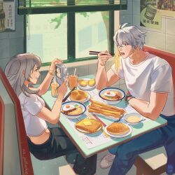  1boy 1girl alternate_costume antenna_hair arm_rest black_pants blue_eyes blue_jacket blue_pants booth_seating bowl bracelet camera chopsticks clothes_around_waist commentary contemporary cropped_shirt crossed_bangs cup day denim drink drinking_glass drinking_straw egg_(food) elbow_rest english_commentary food grey_hair hair_between_eyes hand_up hands_up highres holding holding_camera holding_chopsticks honkai:_star_rail honkai_(series) indoors jacket jacket_around_waist jeans jewelry long_hair looking_at_another lower_teeth_only neck_tattoo ninano_(nn_pistachio) noodles open_mouth pants phainon_(honkai:_star_rail) plate poster_(object) ramen restaurant shirt shoes short_hair short_sleeves signature sitting slice_of_life smile sneakers stelle_(honkai:_star_rail) sun_symbol sun_tattoo t-shirt table taking_picture tattoo teeth trailblazer_(honkai:_star_rail) twitter_username watch watch white_shirt white_shoes window window_blinds yellow_eyes yellow_pupils 