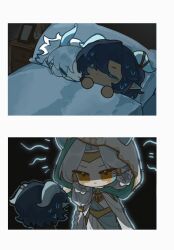 1girl 2boys angert_(infinity_nikki) angry aqua_skin bedroom black_hair blue_horns blue_outline blue_scales bolu_agnes bracelet braid braided_hair_rings brother_and_sister brown_ribbon brown_shrug chinese_commentary circlet cloak closed_mouth colored_extremities colored_skin commentary_request dark-skinned_male dark_skin dragon_boy dragon_girl dragon_horns dress expressionless face-to-face facepaint from_behind gold_bracelet gold_circlet hair_between_eyes hair_over_shoulder hair_rings hair_tubes highres hood hood_up hooded_cloak horn_ornament horn_ribbon horns horns_through_hood impending_doom indoors infinity_nikki jewelry light_frown long_dress long_hair looking_at_another low_ponytail lying medael_(infinity_nikki) meghill_(infinity_nikki) messy_hair multicolored_skin multiple_boys nervous_sweating night nightmare nightstand nikki_(series) on_back on_bed on_side outline parksolian_(infinity_nikki) pillow pointy_ears ponytail ribbon shaded_face short_hair shout_lines shrug_(clothing) siblings single_braid sleeping sleeveless sleeveless_dress sweat two-tone_skin under_covers v-shaped_eyebrows very_long_hair white_cloak white_dress white_hair yellow_eyes 