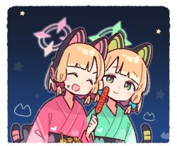  2girls animal_ear_headphones animal_ears blonde_hair blue_archive cat_ear_headphones cat_ears cat_tail closed_eyes commentary_request fake_animal_ears fake_tail food green_eyes green_halo green_kimono halo headphones japanese_clothes kimono midori_(blue_archive) momoi_(blue_archive) multiple_girls necktie night open_mouth pink_halo pink_kimono short_hair siblings sisters smile tail takoyaki twins upper_body yoru_nai yukata 