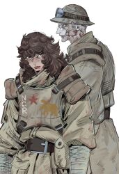  1boy 1girl absurdres arm_wrap belt belt_pouch brown_belt brown_hair bulletproof_vest fallout fallout:_new_vegas freckles ghoul_(fallout) goggles goggles_on_headwear height_difference helmet highres looking_at_viewer medium_hair milky_onion ncr_trooper new_california_republic pouch scarf white_background 