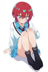  1girl absurdres amate_yuzuriha aqua_eyes blush breasts closed_mouth collared_shirt commentary_request gundam gundam_gquuuuuux highres long_sleeves looking_at_viewer necktie r_amaji red_hair school_uniform shirt short_hair simple_background skirt solo striped_clothes striped_necktie sweater two-tone_necktie 