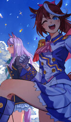  2girls absurdres animal_ears aqua_bow aqua_bowtie aqua_ribbon ascot black_jacket black_skirt blixadon blue_eyes blue_sky blush bow bowtie breasts brown_hair buttons cape clouds coat commentary confetti double-breasted ear_bow ear_ribbon english_commentary epaulettes frilled_coat frilled_jacket frills gloves green_bow green_bowtie hair_between_eyes high_ponytail highres horse_ears horse_girl horse_tail jacket legs long_hair long_sleeves mejiro_mcqueen_(frontline_elegance)_(umamusume) mejiro_mcqueen_(umamusume) multicolored_hair multicolored_jacket multiple_girls one_eye_closed open_mouth pink_ascot pleated_skirt ponytail purple_hair red_cape ribbon shirt single_epaulette skirt sky smile sparkle streaked_hair tail tokai_teio_(peak_joy)_(umamusume) tokai_teio_(umamusume) two-tone_hair two-tone_jacket two-tone_skirt umamusume violet_eyes white_gloves white_hair white_jacket white_skirt 