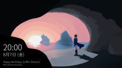  1boy absurdres arms_at_sides bad_id beach blonde_hair blue_coat cave coat esse_series fake_pc_lock_screen fake_screenshot from_behind full_body griffin_stewart highres long_sleeves microsoft_windows mitsudomoe_koubou mixed-language_text ocean official_art outdoors scenery shadow short_hair solo standing sunset wharariki_beach wind windows_10 