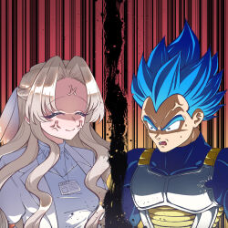  1boy 1girl absurdres anger_vein armor blonde_hair blue_hair braid closed_eyes closed_mouth coat commentary_request crossover curtained_hair dragon_ball dragon_ball_(classic) emphasis_lines half_up_braid highres id_card jiai_chiyu kimi_no_koto_ga_dai_dai_dai_dai_daisuki_na_100-nin_no_kanojo lab_coat lanyard long_hair lower_teeth_only muscular muscular_male open_mouth orange_background orange_veil parted_bangs red_background shaded_face shirt sidelocks sleeve_garter smile spiky_hair split_screen sweat teeth thick_eyebrows user_rgfn8234 v-shaped_eyebrows vegeta veil wavy_hair white_coat white_shirt white_veil widow's_peak 