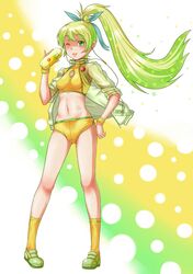  amashoku bottle c.c._lemon c.c._lemon_(character) green_eyes green_hair hair_ornament hair_ribbon hand_on_hip jacket midriff navel original pigeon-toed pinky_out ponytail ribbon sleeves_pushed_up socks solo wink 