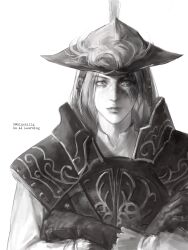  1girl brown_gloves cavalier_hat closed_mouth crossed_bangs dark_souls_(series) dark_souls_ii gloves hat highres long_sleeves looking_at_viewer lucatiel_of_mirrah ornate_clothes plume scar scar_across_eye scar_on_face signature slashlllg solo upper_body white_background 