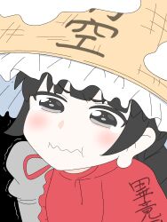  1girl absurdres ajirogasa black_eyes black_hair braid capelet clothes_writing commentary_request crying_aqua_(meme) dress frilled_hat frills grey_dress hat hidden_star_in_four_seasons highres kono_subarashii_sekai_ni_shukufuku_wo! kurachi_mizuki long_earlobes long_hair meme red_capelet snow snow_on_headwear solo tearing_up touhou translation_request trembling wavy_mouth yatadera_narumi 