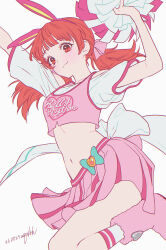  1girl :3 animal_ears aqua_bow arms_up blunt_bangs bow cheerleader commentary cropped_shirt dated flat_color hair_bow harune_aira highres holding holding_pom_poms light_blush long_hair midriff miniskirt navel official_alternate_costume official_alternate_hairstyle pink_bow pink_shirt pink_shoes pink_skirt pleated_skirt pom_pom_(cheerleading) pretty_rhythm pretty_rhythm_aurora_dream pretty_series rabbit_ears red_eyes red_hair shirt shoes short_sleeves signature simple_background skirt skirt_bow sleeveless sleeveless_shirt smile socks solo standing standing_on_one_leg straight_hair twintails uruu_akua white_background white_shirt white_socks 