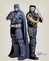  2boys bat_mask batman batman_(series) batman_symbol belt blue_bodysuit bodysuit claw_(weapon) dc_comics grey_bodysuit highres luisbajocollados male_focus marvel multicolored_bodysuit multicolored_suit multiple_boys spiky_hair superhero_costume taut_bodysuit taut_clothes two-tone_bodysuit two-tone_suit utility_belt weapon wolverine_(x-men) x-men yellow_bodysuit 