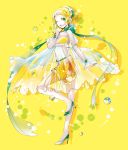  ;d blonde_hair c.c._lemon c.c._lemon_(character) collarbone drink earrings green_eyes hairband high_heels jewelry koto2 looking_at_viewer midriff nail_polish navel open_mouth puffy_sleeves ribbon_choker see-through shoes short_hair shorts simple_background smile soda_can solo standing standing_on_one_leg tubetop water_droplets wink wrist_cuffs yellow_background 