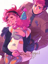  1boy 2026 2girls beard_stubble black_gloves black_hair black_jacket blue_eyes brown_coat child closed_eyes coat commentary_request couple dated facial_hair family father_and_child father_and_daughter gloves guel_jeturk gundam gundam_suisei_no_majo hair_ornament hairclip hat hetero hug if_they_mated ivy_hermit jacket low_twintails mother_and_child mother_and_daughter multiple_girls open_mouth original parent_and_child parted_lips party_hat pink_hair red_hair signature smile stubble suletta_mercury thick_eyebrows twintails 
