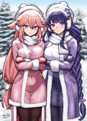  2girls absurdres animal_ear_piercing animal_ears arms_under_breasts artist_logo beanie black_pantyhose blush breasts brown_pantyhose coat cold covered_navel cowboy_shot crossed_arms day earmuffs fur-trimmed_coat fur_trim genshin_impact hat highres large_breasts logo long_hair looking_at_viewer multiple_girls outdoors pantyhose pink_coat pink_hair pom_pom_(clothes) pom_pom_beanie purple_hair purple_skirt raiden_shogun rotomdocs scarf skirt snow sweater trembling very_long_hair violet_eyes white_hat white_scarf white_sweater winter winter_clothes yae_miko 