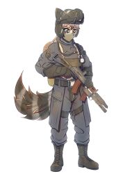  absurdres aks-74u animal_ears assault_rifle black_boots blue_jacket blue_pants boots fluffkaiser gas_mask gas_pump glasses goggles goggles_on_headwear green_hair grenade_launcher grey_hair gun helmet highres jacket kalashnikov_rifle mask muzzle_device original pants raccoon_ears raccoon_girl raccoon_tail rifle tail underbarrel_grenade_launcher weapon 