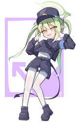  1girl 3kb_lili absurdres black_tail blue_archive blush commentary_request demon_tail fang gloves green_hair green_halo halo hat highres long_hair looking_at_viewer nozomi_(blue_archive) open_mouth pantyhose pointy_ears smile tail twintails white_gloves white_pantyhose yellow_eyes 
