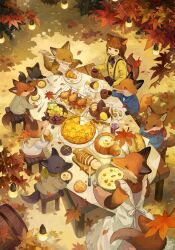  1boy 2girls 6+others alcohol animal_ears apron autumn autumn_leaves barrel blue_bow blue_bowtie bow bowtie braid bread brown_hair candle chicken_(food) chicken_leg commentary_request cup food fox fox_ears fox_girl fox_tail fruit fruit_basket furry furry_female furry_male grapes green_scarf highres leaf long_sleeves low_twin_braids maple_leaf monocle multiple_girls multiple_others original outdoors oven_mitts picnic pie pumpkin scarf shirt sitting soup stool string_of_light_bulbs suspenders sweet_potato table tablecloth tail twin_braids uliy wine yellow_shirt 