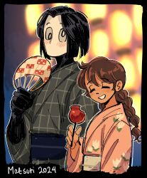  1boy 1girl 2024 6_9 black_hair black_skin blurry blurry_background blush braid brown_hair candy_apple closed_eyes colored_skin dated facing_viewer floral_print floral_print_kimono food from_side grin hand_fan highres holding holding_candy_apple holding_fan holding_food japanese_clothes kimono long_hair madotsuki nessa_(neesaig) no_mouth paper_fan print_kimono sekomumasada_sensei short_hair smile twin_braids uchiwa upper_body white_skin yume_nikki 