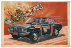  3boys alien black_car black_eyes border brocken_(ultra_series) building car closed_mouth colored_skin compound_eyes curled_horns dorsal_fin driving duel fangs flying_kick giant giant_male helmet horns jumpsuit kaiju kicking male_focus motor_vehicle multicolored_skin multiple_boys official_art orange_helmet orange_jumpsuit painting_(medium) red_skin ryuu_gorou_(ultra_series) sharp_teeth silver_skin teeth tentacles third-party_source toyota toyota_mark_ii traditional_media ultra_series ultraman_ace ultraman_ace_(series) vehicle_focus watanabe_masami white_border yamanaka_ichirou yellow_eyes 