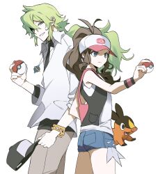 1boy 1girl 250308u back-to-back bag bare_shoulders baseball_cap black_undershirt black_vest blue_shorts bracelet brown_hair closed_mouth commentary_request cowboy_shot denim denim_shorts exposed_pocket green_hair hat height_difference high_ponytail highres hilda_(pokemon) holding holding_poke_ball holding_unworn_clothes holding_unworn_hat jewelry korean_commentary long_hair n_(pokemon) necklace open_clothes open_vest parted_lips pink_bag poke_ball poke_ball_(basic) pokemon pokemon_(creature) pokemon_black_and_white ponytail shirt short_shorts shorts shoulder_bag tank_top tepig thighs unworn_hat unworn_headwear vest white_background white_shirt white_tank_top wing_collar wristband 