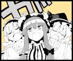  alice_margatroid blush bow bust capelet closed_eyes crescent eyes_closed hairband hand_on_shoulder hat hat_bow hokuto_(scichil) kirisame_marisa long_hair monochrome multiple_girls open_mouth patchouli_knowledge pointing ribbon short_hair touhou witch witch_hat 