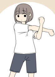  1girl black_shorts brown_background brown_hair closed_mouth commentary_request cross-body_stretch feet_out_of_frame gym_shirt gym_shorts gym_uniform juukyuu original shirt short_hair short_sleeves shorts solid_circle_eyes solo standing two-tone_background white_background white_shirt 