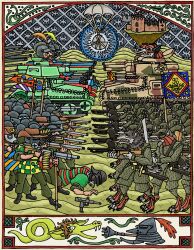  6+boys absurdres ammunition_belt assault_rifle banner battle_standard border castle caterpillar_tracks combat_helmet cowboy_hat demon_core facial_hair faux_traditional_media firelock_198x flag flamethrower floating_island furry furry_male gun hat helmet heraldry highres holding holding_banner holding_gun holding_weapon knight machine_gun military_uniform military_vehicle motor_vehicle multiple_boys mustache ornate_border parachute patterned_background plume rifle rifleinfantry soldier sword tank tank_gun war war_banner weapon 