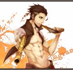 abs bad_id brown_hair character_name dual_wielding earrings feathers gun jewelry kaname_(cherry0732) male open_clothes open_jacket quark_(the_last_story) solo the_last_story weapon 