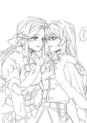  ! 2girls black_outline bow butch/femme_couple couple embarrassed greyscale hair_bow hair_ribbon headband highres imminent_kiss light_blush military_uniform monochrome multiple_girls outline parted_bangs ribbon saijo_claudine sash shoujo_kageki_revue_starlight shoulder_sash skirt surprised tendo_maya white_background yuri 