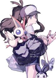  artist_name bag baseball_cap black_sweater blue_sclera cardigan chibikemo churro colored_sclera denim denim_shorts doughnut emolga fairy_wings fangs floating food hat high_ponytail hilda_(pokemon) holding holding_churro holding_donut holding_food looking_at_viewer minccino open_cardigan open_clothes pokemon pokemon_(creature) pokemon_black_and_white ponytail popcorn shirt shopping_bag shorts sidelocks sweater victini white_shirt wings zui_fz 