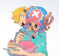  2boys antlers apron aqua_shirt arabic_commentary blonde_hair blush cake commentary_request cross curly_eyebrows facial_hair feeding food goatee hair_over_one_eye hat highres holding holding_plate hood horns male_focus multiple_boys mustache one_piece pink_apron pink_hat plate reindeer_antlers sanji_(one_piece) shirt smile smokee_q strawberry_shortcake tony_tony_chopper twitter_username 