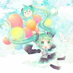 balloon bird detached_sleeves flying green_eyes green_hair hachune_miku hatsune_miku long_hair necktie niwako open_mouth skirt sky sleeves_past_wrists solo thigh-highs thighhighs twintails very_long_hair vocaloid 