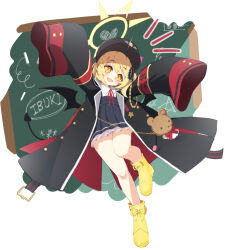  1girl 3kb_lili black_horns black_tail black_wings blonde_hair blue_archive blush commentary_request demon_girl demon_horns demon_tail demon_wings halo highres horns ibuki_(blue_archive) long_hair looking_at_viewer open_mouth pointy_ears ribbon side_ponytail smile solo tail wings yellow_eyes yellow_halo 