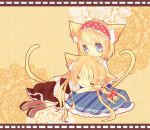  alice_margatroid animal_ears apron bad_id blonde_hair blue_dress blue_eyes braid cat_ears cat_tail chibi closed_eyes dress eyes_closed hair_ribbon hairband hand_on_hat kemonomimi_mode kirisame_marisa lap_pillow letterboxed lowres lying mogu_(lollysweet) multiple_girls on_side ribbon shirt skirt skirt_set sleeping smile tail touhou vest waist_apron 