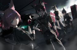  4girls absurdres aircraft alternate_costume alternate_hairstyle animal_ear_fluff animal_ears assault_rifle black_boots black_gloves black_hair black_headband black_pants black_shirt black_shorts black_skirt blonde_hair blue_archive blue_eyes blue_halo boots brown_gloves brown_hair bulletproof_vest closed_mouth collared_shirt commentary expressionless fingerless_gloves fox_ears fox_girl fox_platoon_(blue_archive) gloves green_eyes green_halo gun h&amp;k_hk416 halo hand_on_own_hip headband headphones helicopter highres knee_pads kneehighs korean_commentary kurumi_(blue_archive) long_hair looking_at_viewer multicolored_gloves multiple_girls niko_(blue_archive) open_mouth otogi_(blue_archive) pants pink_hair ponytail red_eyes red_gloves red_halo rifle shirt short_hair short_shorts shorts shotgun sitting skirt socks two-tone_gloves vam_(js_vam) very_long_hair weapon white_socks yukino_(blue_archive) 