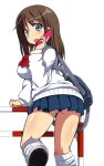  ass bag blue_eyes brown_hair cellphone comord fang from_behind looking_back loose_socks original phone school_uniform simple_background skirt socks solo sweater talking_on_phone turning white_background 