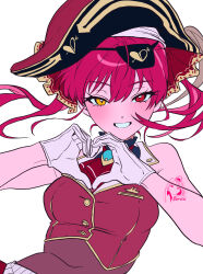  1girl absurdres bicorne commentary dixretsa hat heterochromia highres hololive hololive_english houshou_marine leotard leotard_under_clothes pirate_costume pirate_hat red_eyes red_hair see-through_cleavage see-through_clothes see-through_leotard sleeveless sleeveless_jacket solo untranslatable_commentary virtual_youtuber watermark yellow_eyes 