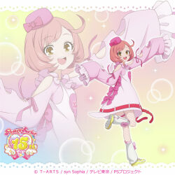  1girl :d ayase_naru belt bow brown_hair copyright_logo copyright_notice dress fishnet_pantyhose fishnets from_behind full_body gradient_background hat leg_up lens_flare logo long_sleeves looking_at_viewer official_art open_mouth pantyhose pink_bow pink_dress pink_hair pink_hat pretty_rhythm pretty_rhythm_rainbow_live pretty_series red_belt shoes short_hair smile socks sparkle standing standing_on_one_leg teeth twisted_torso upper_teeth_only white_socks yellow_shoes zoom_layer 