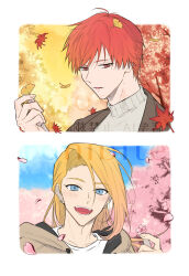  2boys alternate_costume alternate_hairstyle asymmetrical_bangs autumn blue_eyes brown_jacket cherry_blossoms commentary_request deidara_(naruto) ear_piercing flower hair_over_one_eye happy hayamin35 highres holding holding_flower jacket long_hair looking_at_viewer male_focus multiple_boys naruto_(series) naruto_shippuuden open_mouth piercing red_eyes red_hair red_leaf sasori_(naruto) shirt short_hair spring_(season) tree turtleneck watermark white_shirt yellow_flower 