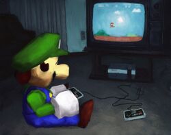  1boy ^_^ absurdres blue_overalls brown_hair brown_shoes closed_eyes commentary controller couch crt curtains electrical_outlet english_commentary facial_hair game_console game_controller gloves green_hat green_shirt hat highres holding holding_controller holding_game_controller indoors long_sleeves luigi male_focus mario mustache nes noubodying overalls playing_games playing_video_games shirt shoes short_hair sideburns sitting solo super_mario_bros. super_mario_bros._1 television white_gloves 
