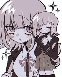  alternate_hair_ornament animal_bag bag cat_bag closed_mouth commentary_request danganronpa_(series) danganronpa_2:_goodbye_despair flipped_hair highres hood hope's_peak_academy_school_uniform looking_at_viewer medium_hair multiple_views nanami_chiaki neck_ribbon open_mouth own_hands_together pink_bag pink_eyes pink_ribbon ribbon school_uniform smile u_donburi white_background 