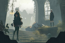  1boy 1girl 2b_(nier:automata) 9s_(nier:automata) black_boots black_dress black_gloves black_hairband black_jacket black_shorts black_socks blindfold boots dress feather_trim gloves hairband high_heel_boots high_heels jacket juliet_sleeves katana long_sleeves mitsuki_nite nier:automata nier_(series) pendant_choker puffy_sleeves ruins short_hair shorts socks stairs standing sword thigh_boots turtleneck turtleneck_dress twitter_username virtuous_contract weapon white_hair 