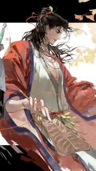  2boys absurdres all_wishes_come_true! black_hair blue_trim chinese_clothes chinese_commentary closed_mouth coat facial_hair flame_print floating_hair ginkgo_leaf hair_bun hair_ornament hair_ribbon half_updo hand_fan hanfu highres holding holding_fan holding_ribbon holding_string jewelry leaf leaf_belt leaf_fan leaf_hair_ornament leaf_ornament letterboxed long_hair long_sleeves looking_down male_focus multiple_boys mustache_stubble necklace open_clothes open_coat out_of_frame pectoral_cleavage pectorals ponytail print_robe profile red_coat red_ribbon red_sash ribbon robe sash seal_impression single_hair_bun solo solo_focus standing string string_around_finger string_of_fate stubble sword_tassel tassel weapon weapon_tassel white_hanfu wide_sleeves wind xiaowangba488 zhongli_quan_(all_wishes_come_true!) 