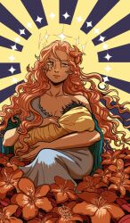  1boy 1girl alt_text baby body_freckles carrying carrying_baby carrying_person closed_mouth commentary dress flower freckles hair_flower hair_ornament hibiscus highres long_hair one_piece portgas_d._ace portgas_d._rouge wavy_hair yohohobao 