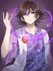 1boy animification brown_hair closed_mouth commentary core_medal hair_between_eyes hand_up highres hino_eiji kamen_rider kamen_rider_ooo_(series) kona_(batubunnni) looking_at_viewer male_focus purple_background short_hair solo upper_body violet_eyes 