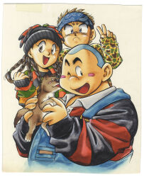  1990s_(style) 1girl 2boys animal animal_print bandaid bandaid_on_face bandaid_on_nose beanie black_eyes black_hair black_hat black_jacket blonde_hair blue_eyes blue_headband blue_overalls blush_stickers braid brown_dog brown_eyes closed_mouth collared_jacket dog fat fat_man furusawa_jun'ya gonta_(mcdonald_tanteidan) grey_hair hand_up hat headband highres holding holding_animal holding_dog jacket kanna_(mcdonald_tanteidan) leopard_print marker_(medium) mcdonald's mcdonald_tanteidan multicolored_jacket multiple_boys multiple_braids official_art one_eye_closed open_mouth orange_sweater overalls pinching_sleeves red_jacket retro_artstyle short_hair shou_(mcdonald_tanteidan) side_braids simple_background smile sweater third-party_source traditional_media two-tone_sweater v very_short_hair white_background 