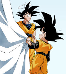  amayuki318 belt biceps black_hair black_sleeves blue_background blue_shirt cape collarbone dragon_ball dragon_ball_z feet_out_of_frame from_behind halo highres long_sleeves martial_arts_belt muscular muscular_male orange_dougi pectorals piccolo raised_eyebrows shirt short_sleeves simple_background smile son_goku son_goten spiky_hair thick_eyebrows undershirt white_cape 
