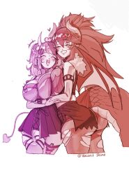  2girls ^_^ armlet ass asymmetrical_docking breast_press closed_eyes collar cowboy_shot cropped_legs demon_girl demon_horns demon_tail dragon_girl dragon_horns dragon_tail dragon_wings fang grin heart holding_another's_arm horns indie_virtual_youtuber ironmouse jewelry long_hair motion_lines multiple_girls multiple_monochrome open_mouth signature skin_fang skindentation skirt smile spiked_armlet spiked_collar spikes tail torn_clothes twitter_username vacantstone virtual_youtuber vshojo white_background wings zentreya 