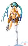  adjusting_gloves adjusting_thighhigh aqua_hair blue_eyes colmack elbow_gloves gloves hatsune_miku long_hair midriff mouth_hold navel putting_on_shoes simple_background solo standing_on_one_leg strap_slip thigh-highs thighhighs twintails very_long_hair vocaloid white_background white_legwear 